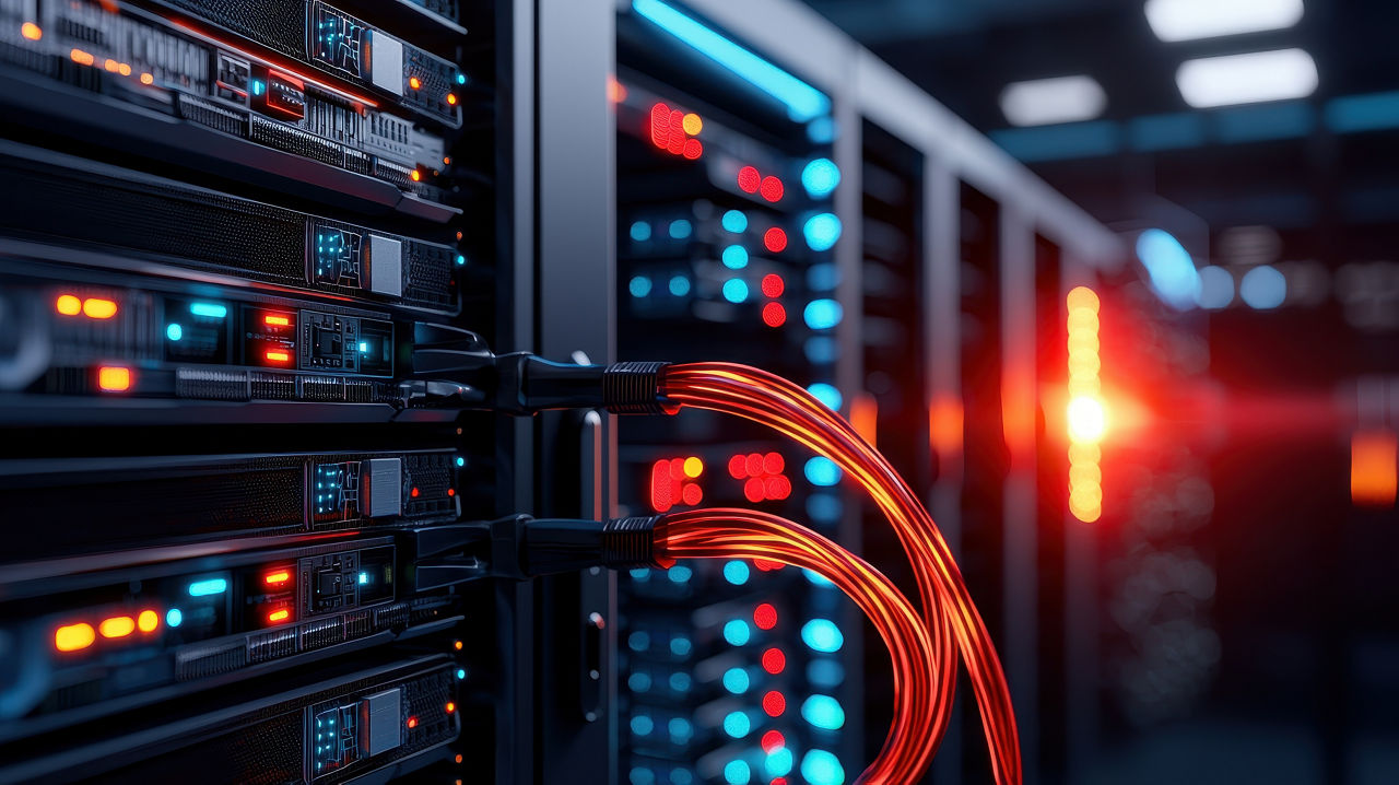 Data center with illuminated servers and connected cables in a modern networking environment, Network Modernization | DXC Technology