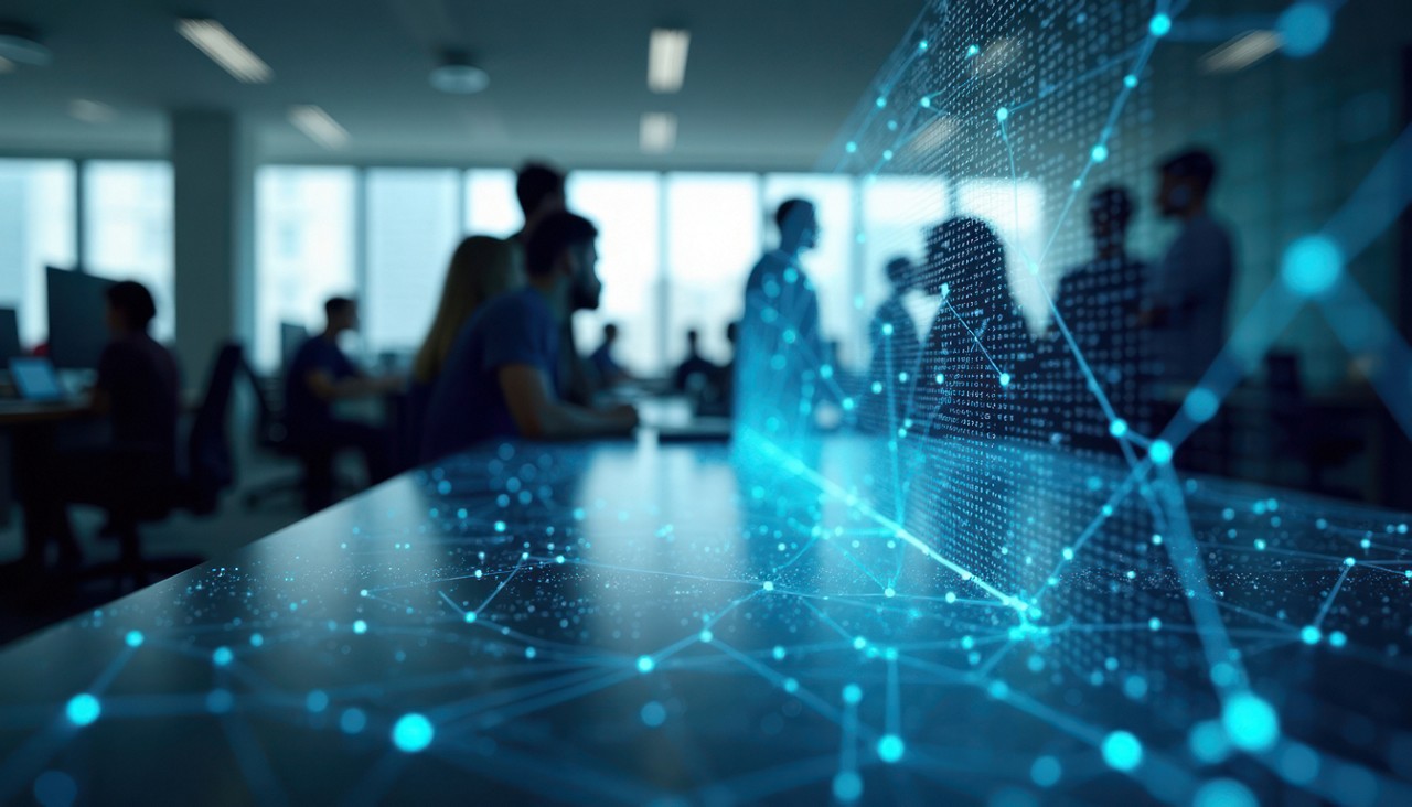 Modern office interior showing people working. Network connections overlayed on table top. Digital transformation and business, communication network concept. Generative AI tech displayed.