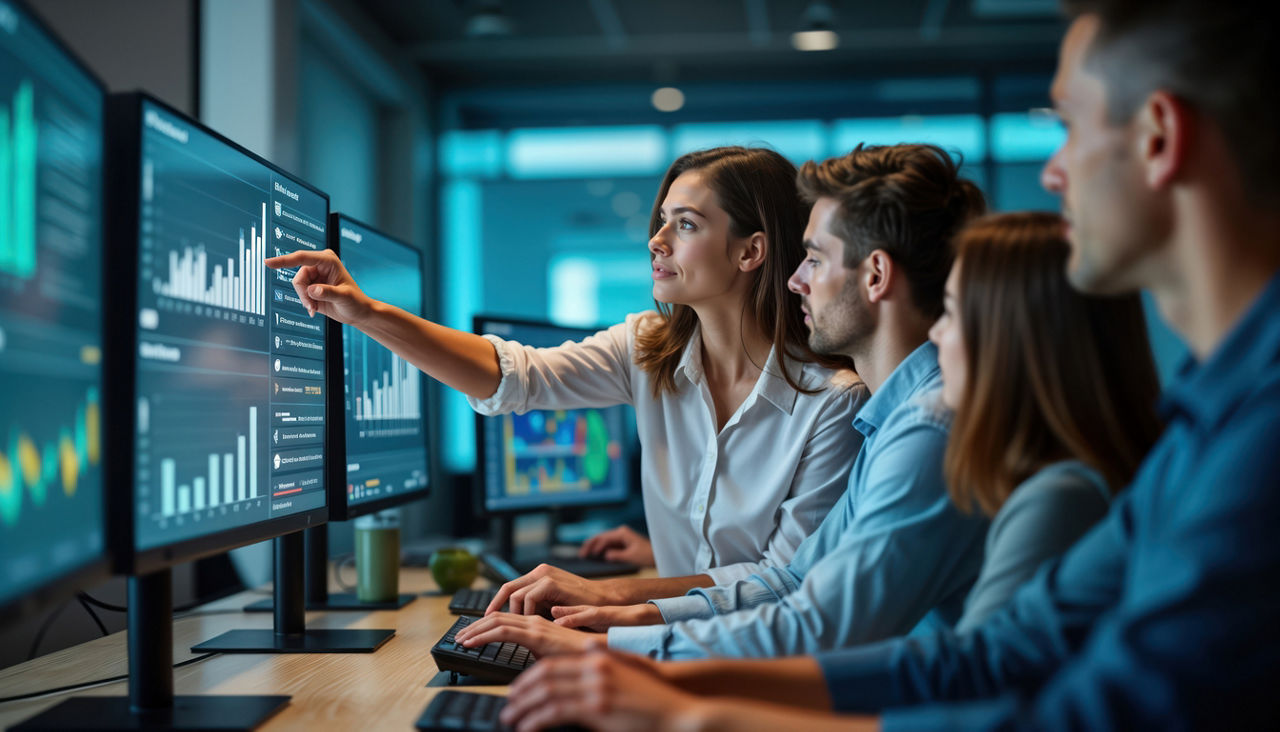 Team analyzing data on screen, ensuring ongoing optimization and expert zero trust support, Zero trust solutions | DXC Technology