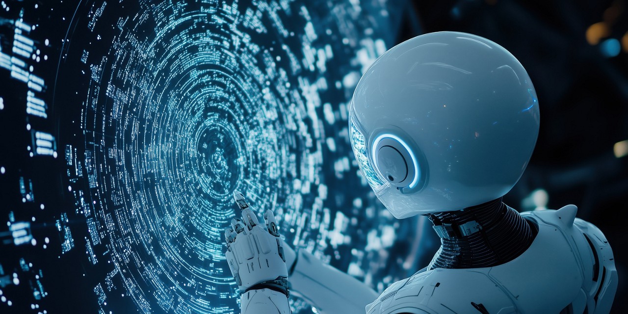 A humanoid robot interacting with digital interface, showcasing technology