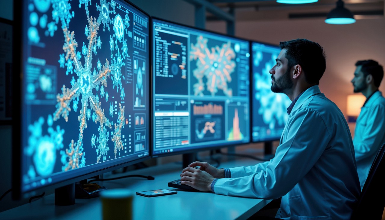 Scientists analyze molecular models on multiple futuristic screens. Drug research uses AI software. Innovation in lab setting. Medical lab workers focus on, new drug preparations. Modern tech in