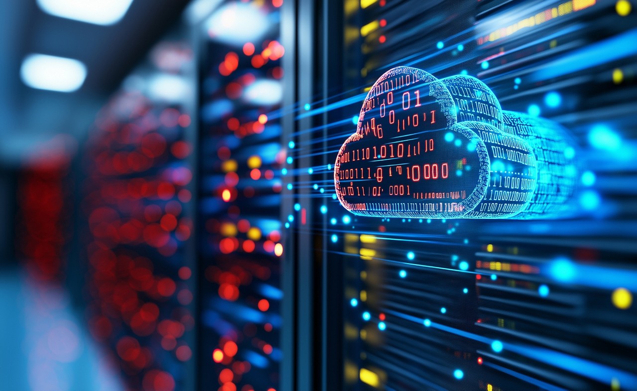 cloud computing concept overlaid on server racks with moving data flow | DXC Technology