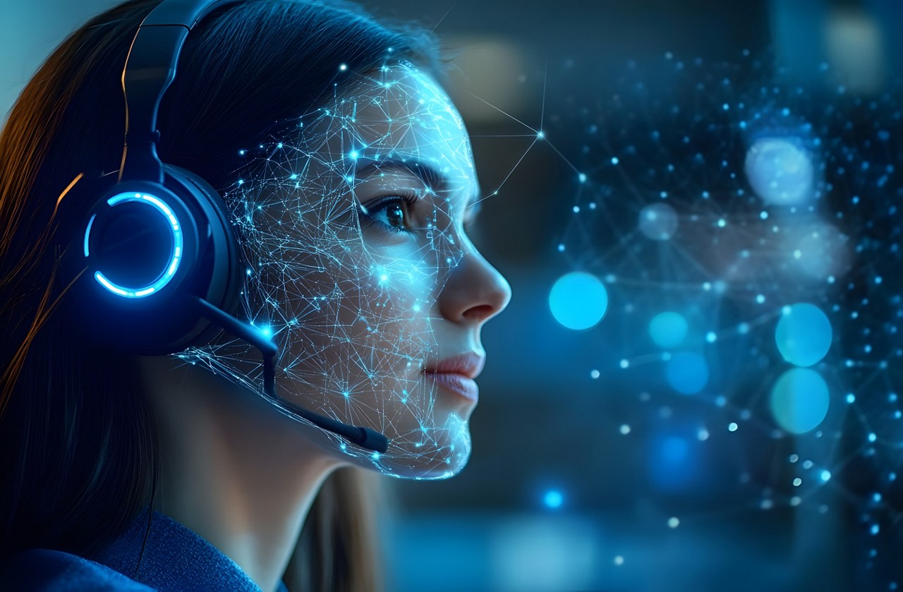 Woman with headset uses AI software. Futuristic face with digital lines connecting face, headset. Customer service representative provides support, call center employs AI software solutions enhancing