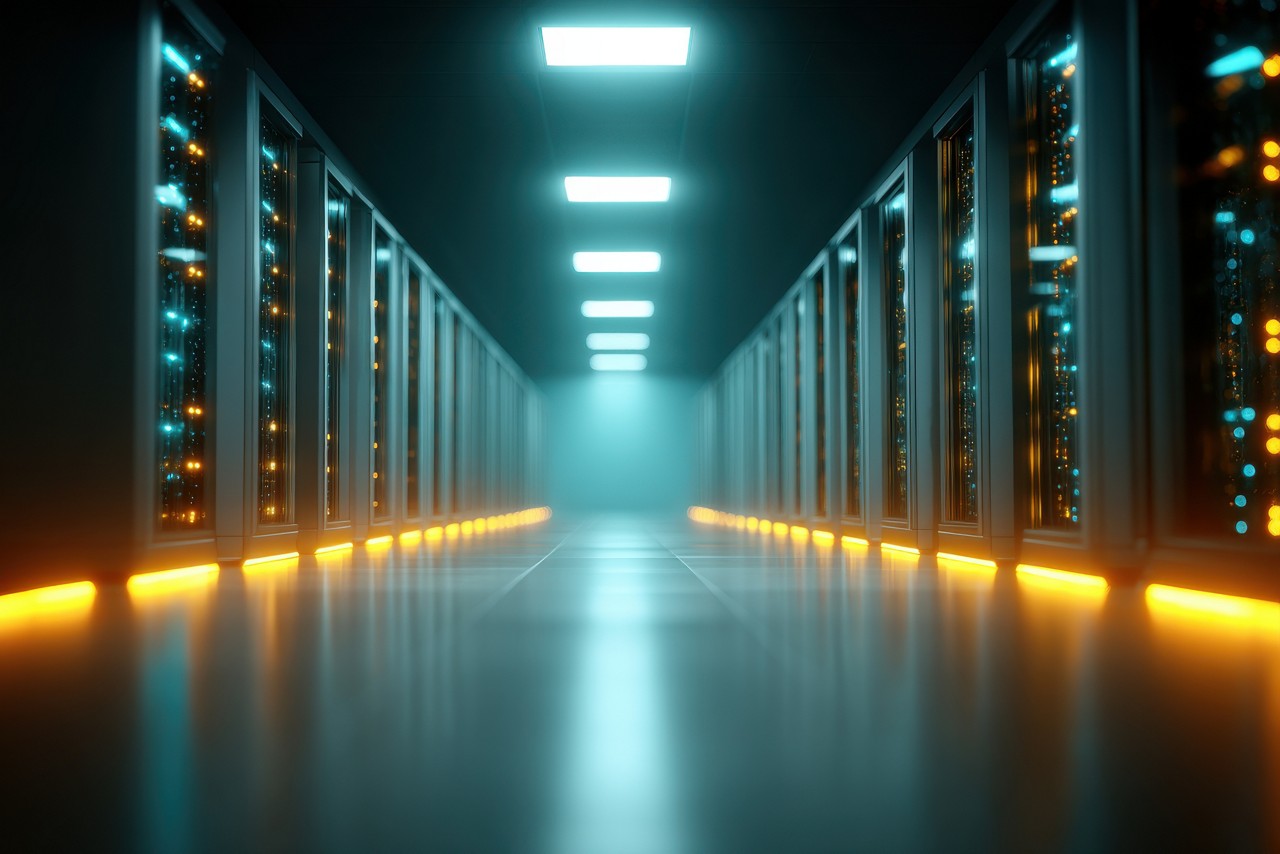 Private AI data center corridor with neon lighting, sharp racks and cable detail | DXC Technology Insights 