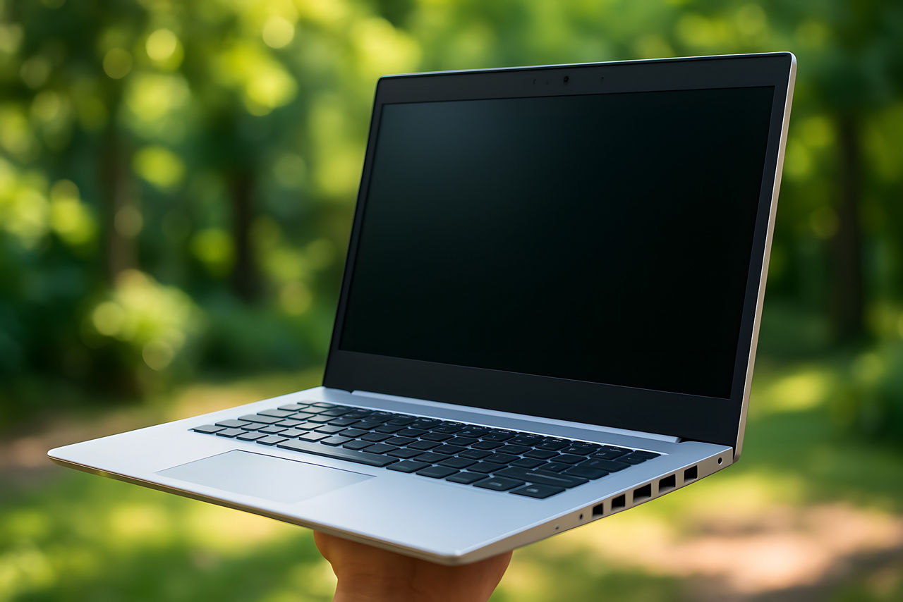 hand holding up laptop against green a background of trees, representing evergreen management for Windows 11 upgrades | DXC Technology 