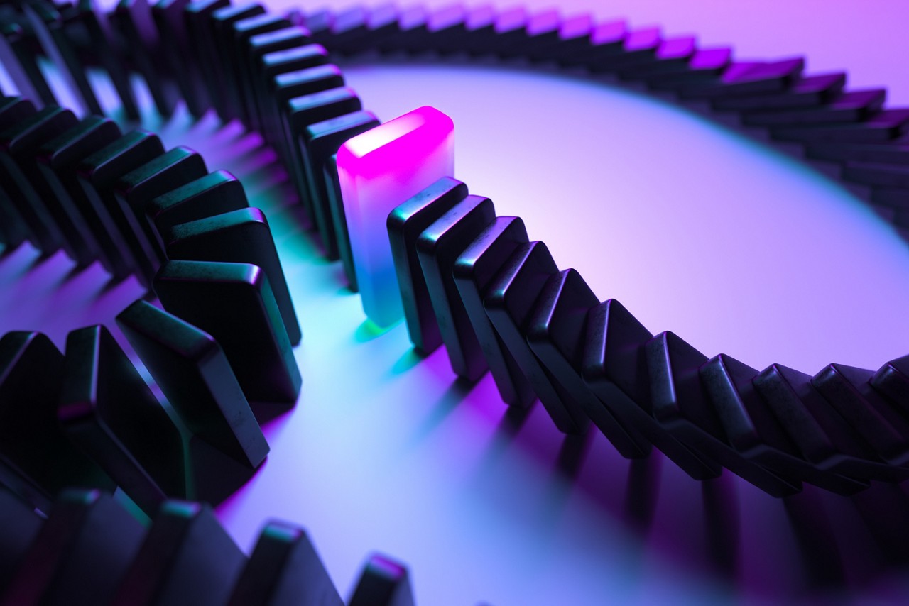 Black Domino Pieces Pushing the Domino Effect. Concept Starting or Triggering Process and Dependence From Each Other. Chain Reaction. 3d Rendering.