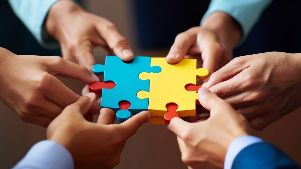 People holds in hand a jigsaw puzzle. Business solutions, success and strategy. Generative AI