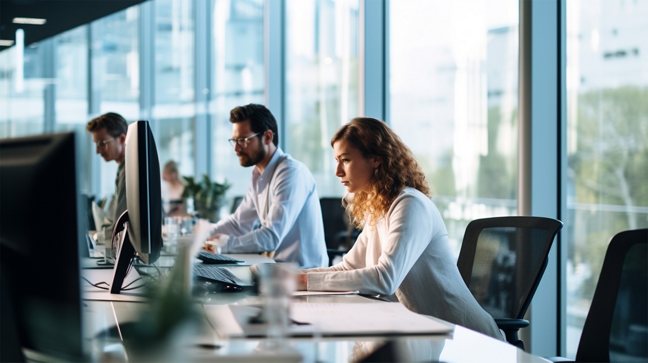 open space in a modern corporate office where business people are working on their laptops. Window reflections. Business and entrepreneurship concept. 