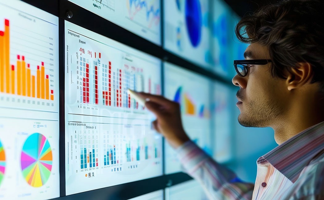Analyst revealing key trends on a large screen, Abstract digital landscape with binary code, representing technology and process debt reduce in Insurance | DXC Technology