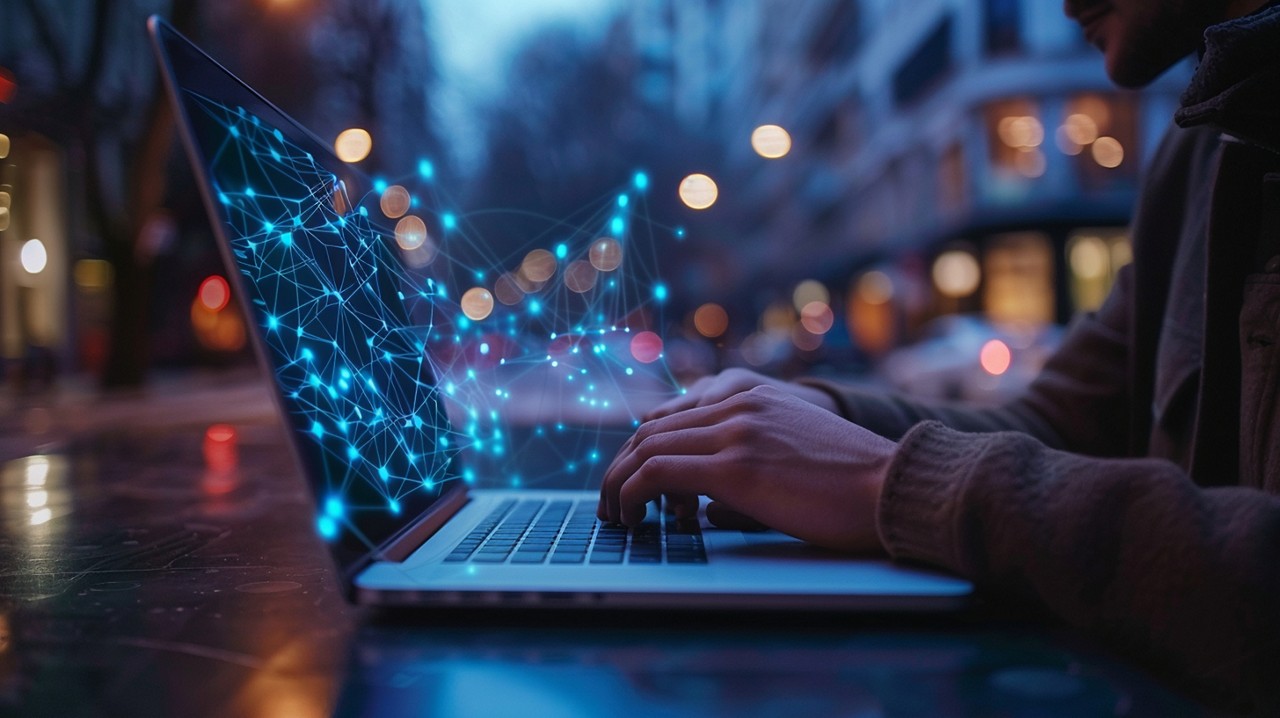 Person communicating and accessing info on laptop - Cybersecurity and AI: Threats and Opportunities | DXC Technology Insights