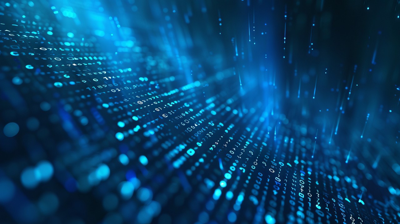 Binary code matrix on dark blue canvas - Cybersecurity and AI: Threats and Opportunities | DXC Technology Insights