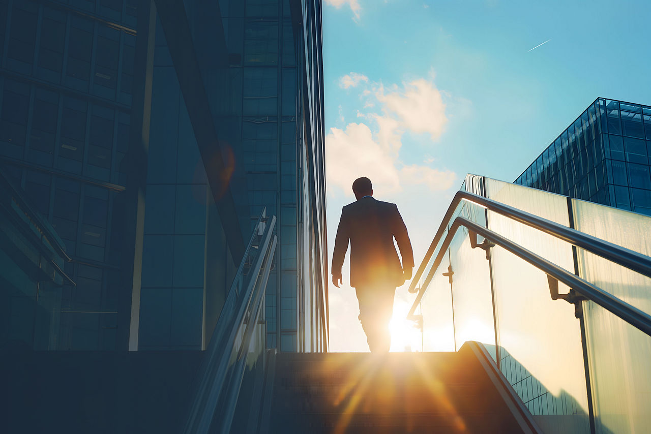 businessman ascending stairs, representing stepping up to cloud migration | DXC Technology 