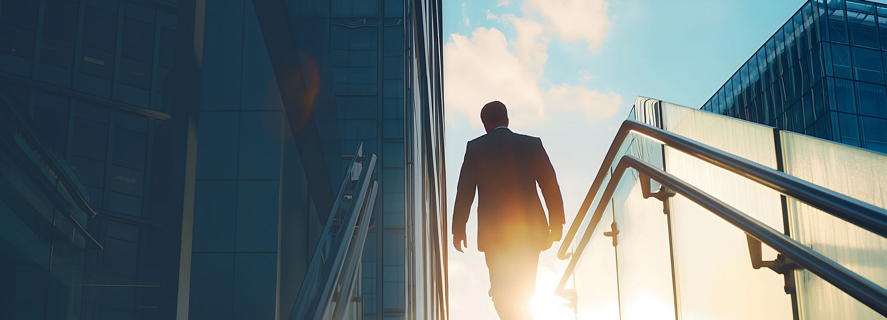 businessman walking up steps near office buildings, clouds above, Oracle | DXC Technology