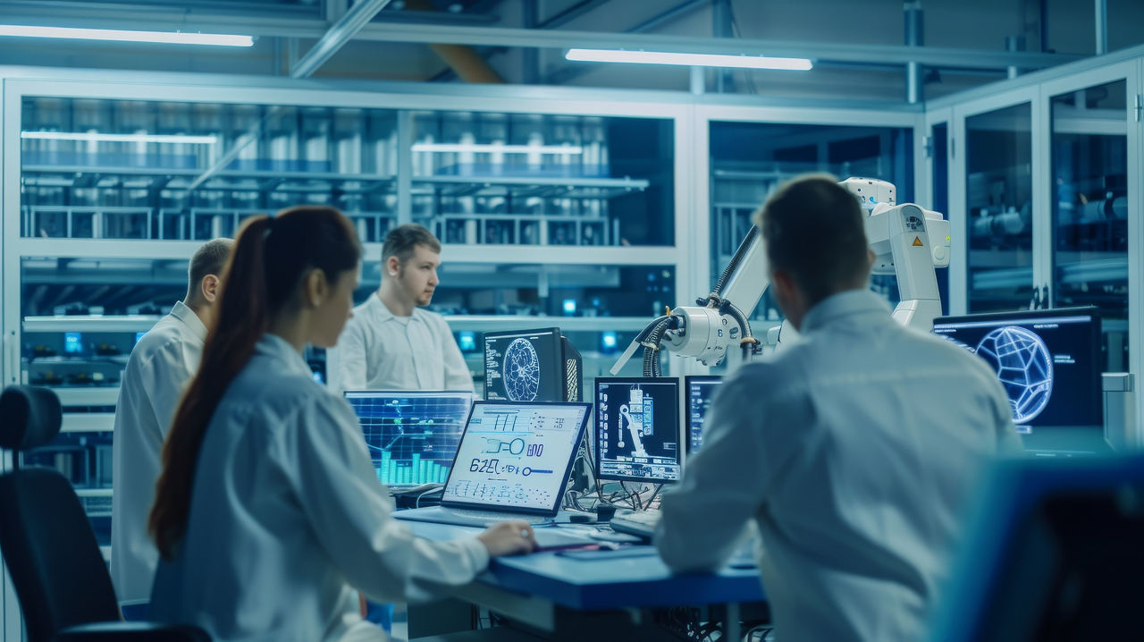 Technicians in smart factory lab, AI solutions for manufacturing | DXC Technology