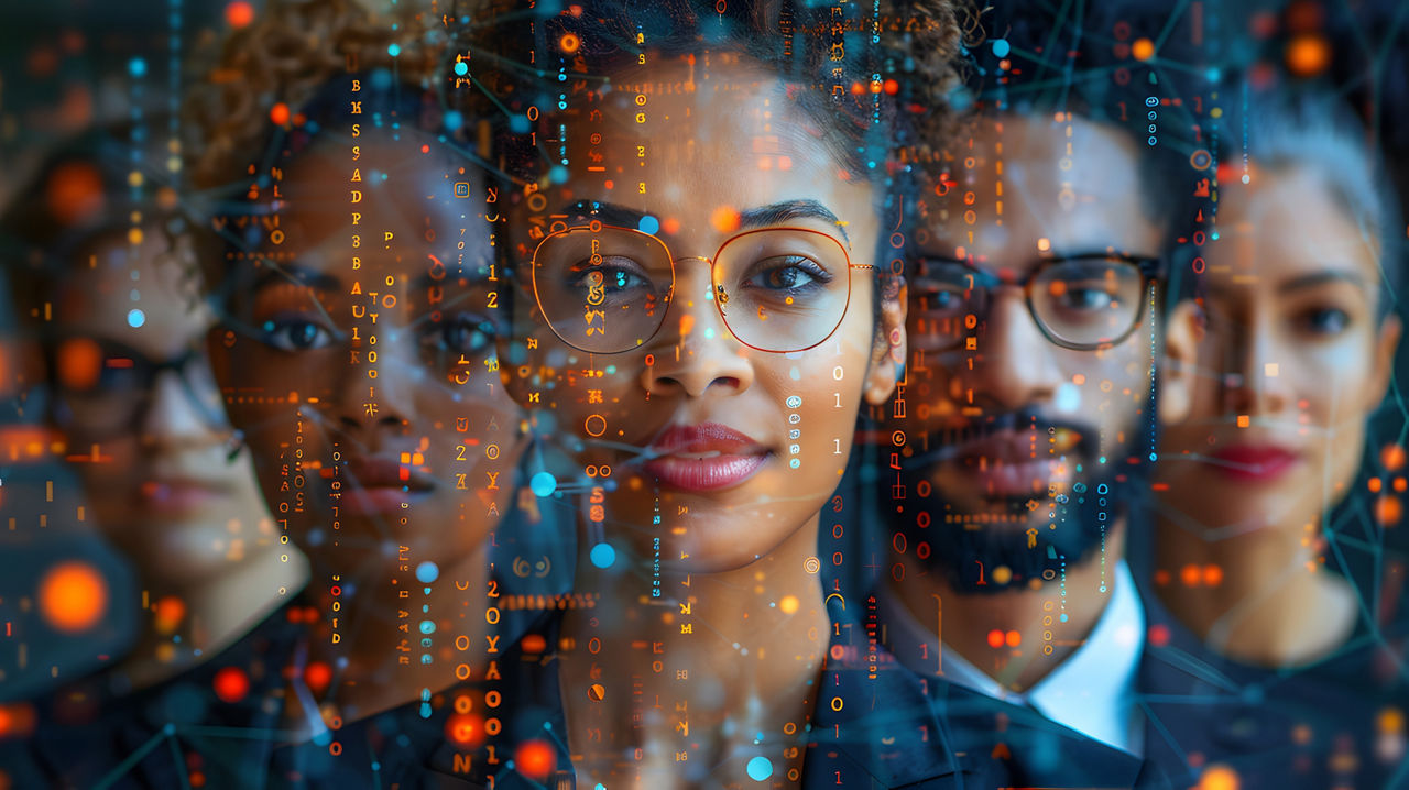 Five faces staring forward surrounded by dots,  Workplace Collaboration | DXC Technology