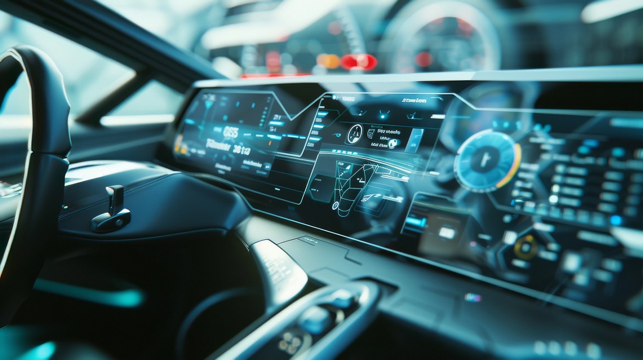 A futuristic car dashboard, with holographic displays and advanced controls, showcasing next-gen technology and design.