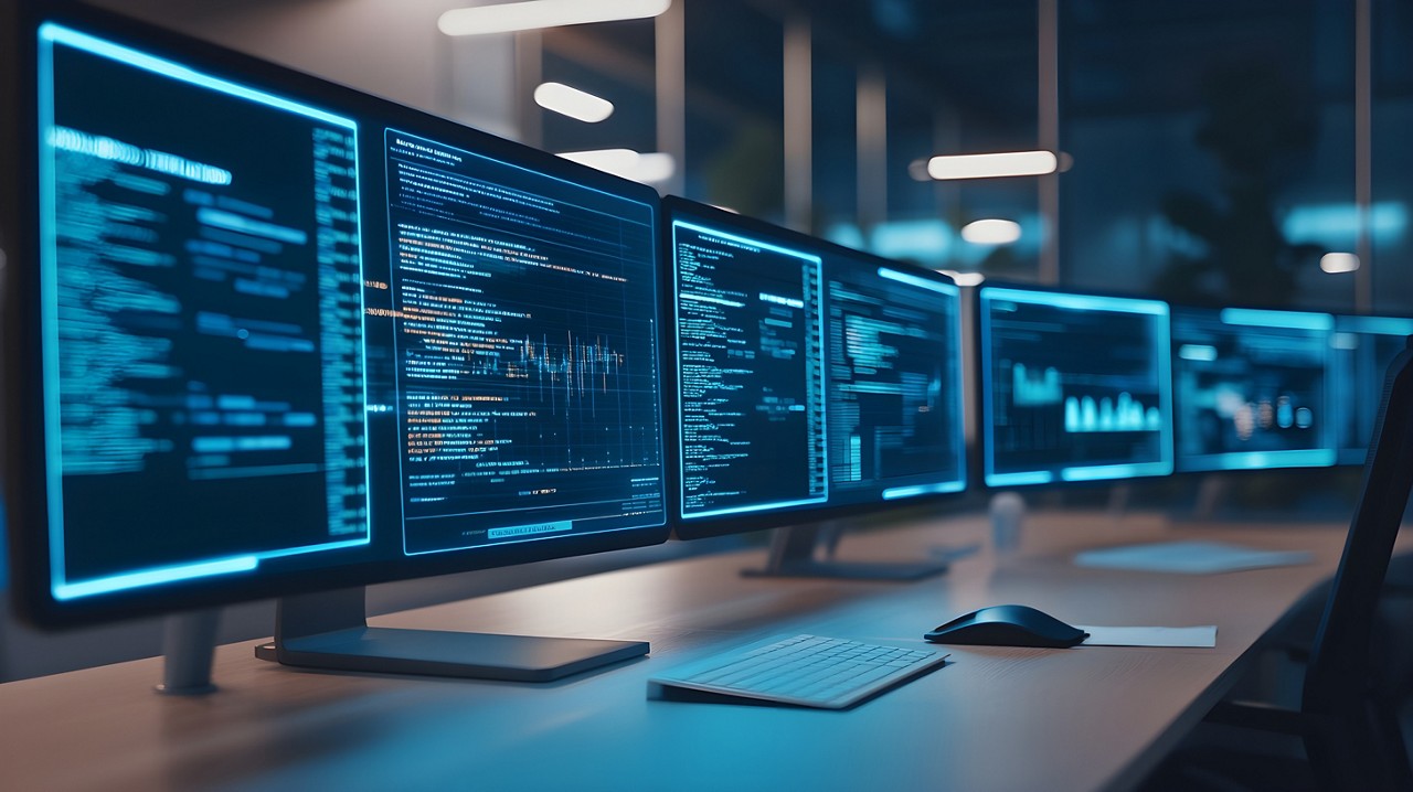 Office desk with multiple monitors and code - Cybersecurity and AI: Threats and Opportunities | DXC Technology Insights