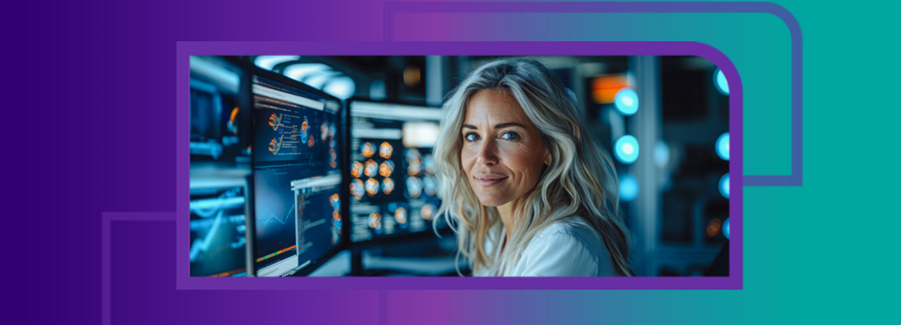 Woman sitting in front of multiple monitors looks forward, Experience Management | DXC Technology Modern Workplace | DXC Technology