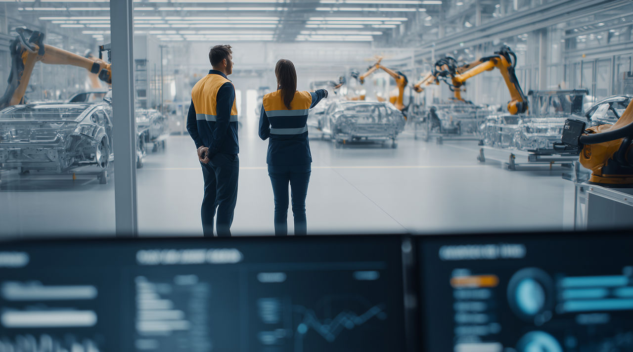 Male and female technicians on factory floor, Enterprise Data & AI Platforms | DXC Technology