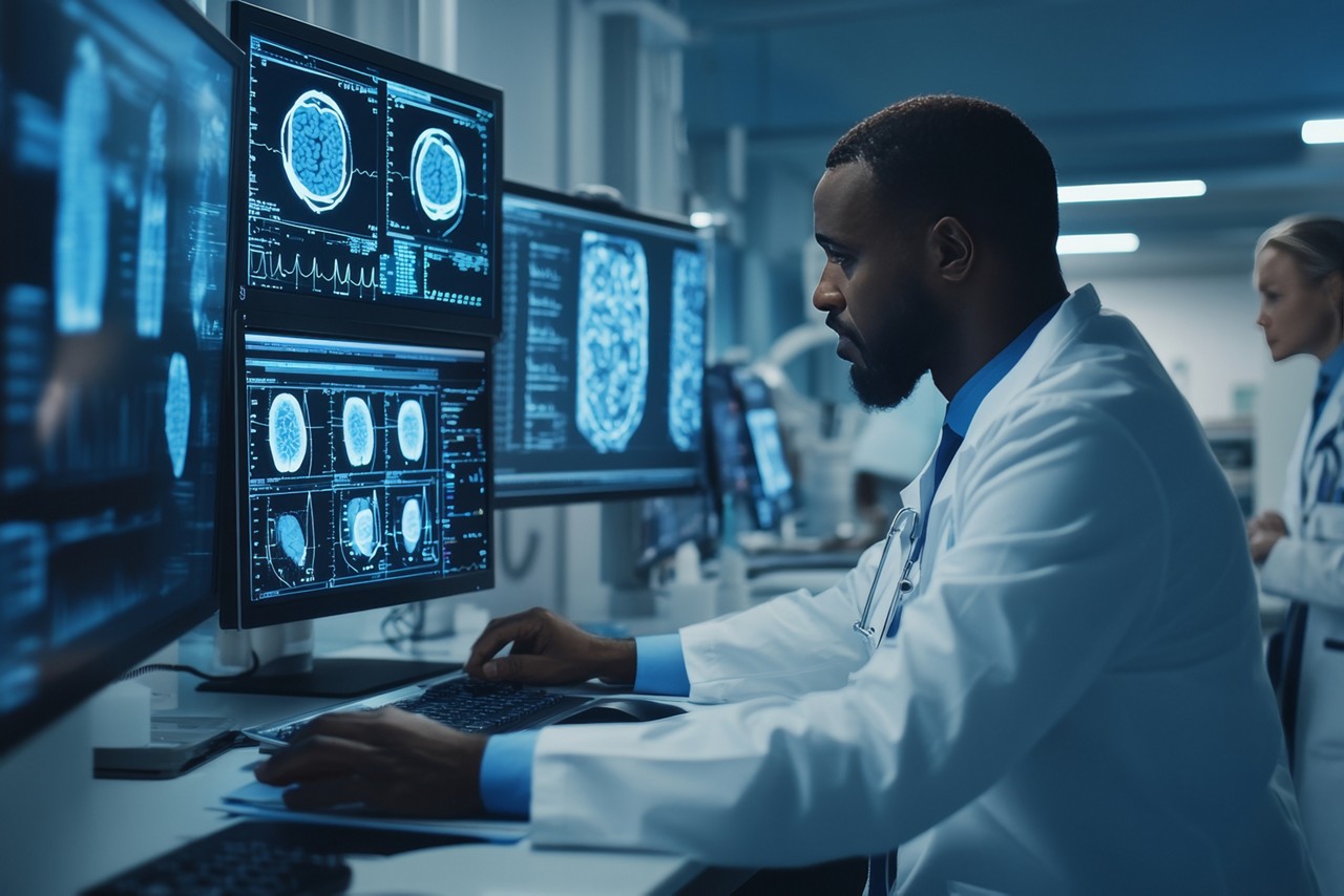 doctor review brain scans on screen - AI Solutions in Healthcare | DXC Technology Insights