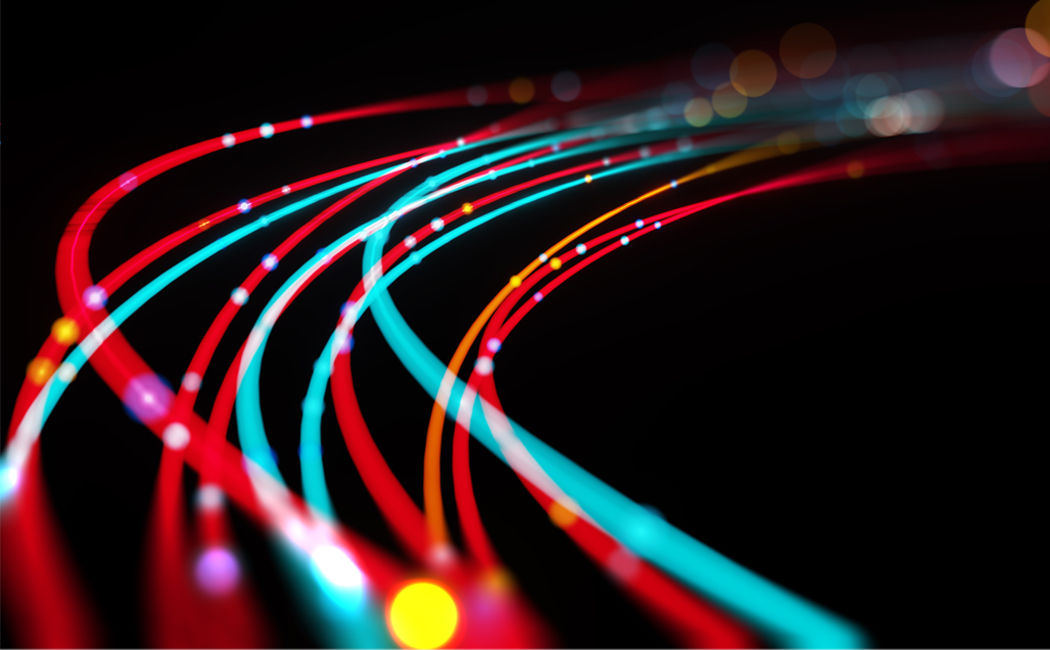 multicolored curving lines against black background, AWS | DXC Technology