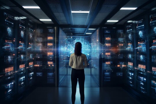 Woman standing in data center facing an open doorway, reflecting different routes to VMware Transformation | DXC Technology