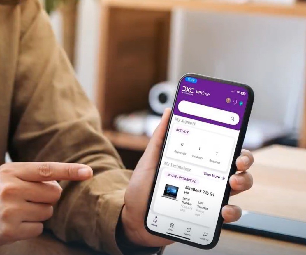 Screen of UPtime app on a mobile device in someone's hand, UPtime | DXC Technology