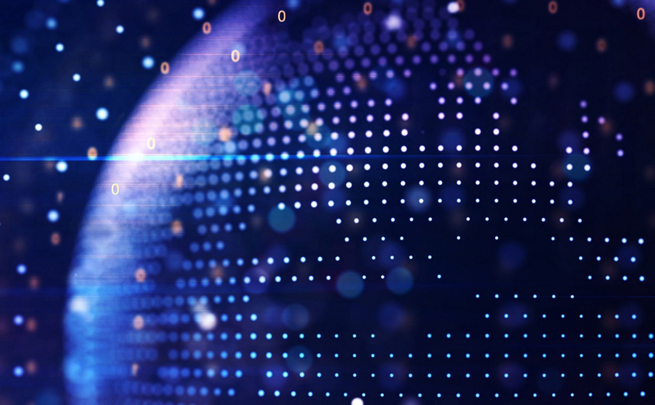 Abstract graphic world map illustration on blue background, big data and networking concept. 3D Rendering