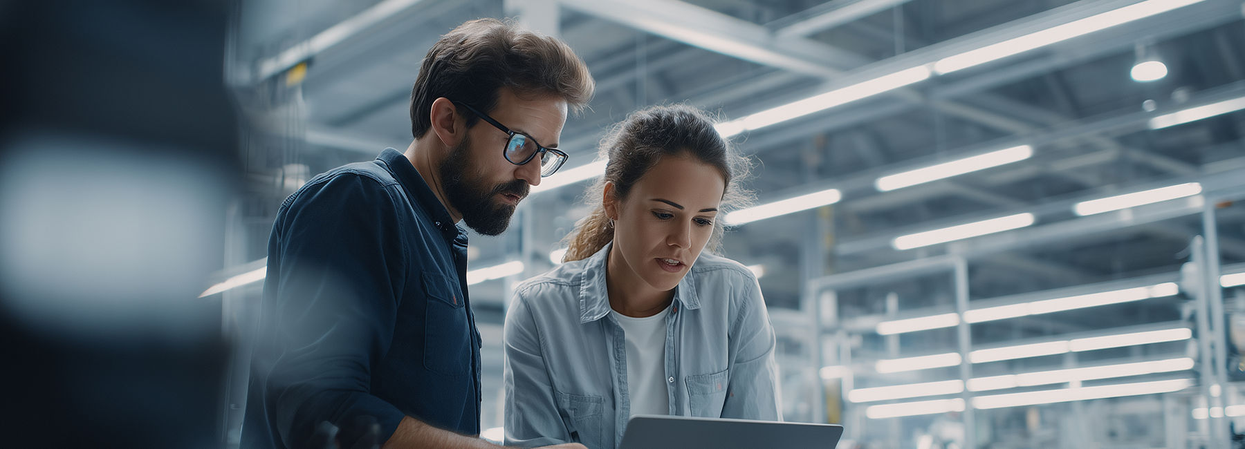 Two AI engineers reviewing code on a screen, AI Engineering Services | DXC Technology