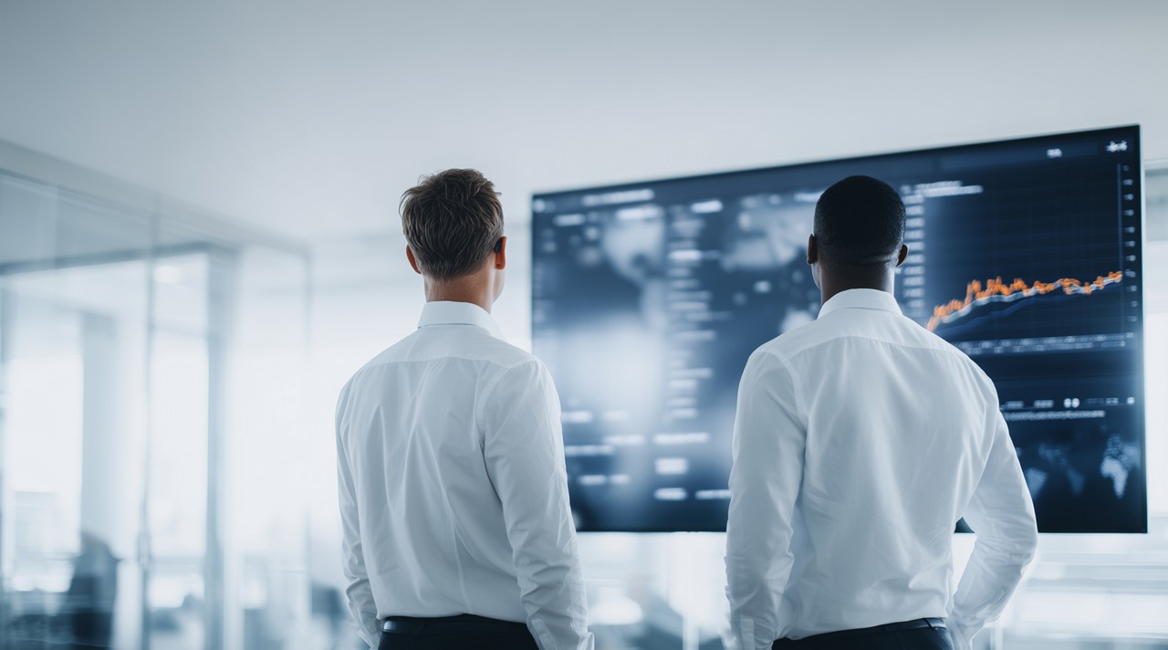 2 men reviewing business process graphic, Business Process Services | DXC Technology