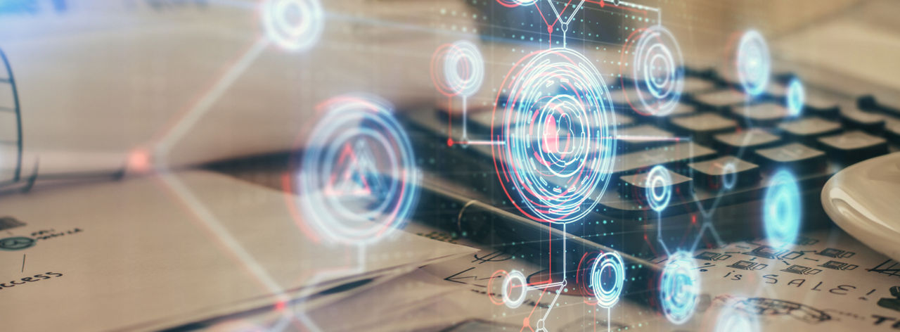 Keyboard with digital overlay of workforce data, intelligent digital workspaces, Modern Workplace | DXC Technology Insights