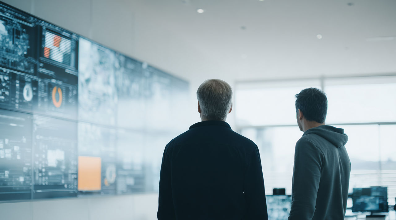 Two male data engineers reviewing data on a screen in a bright office, Data Engineering | DXC Technology