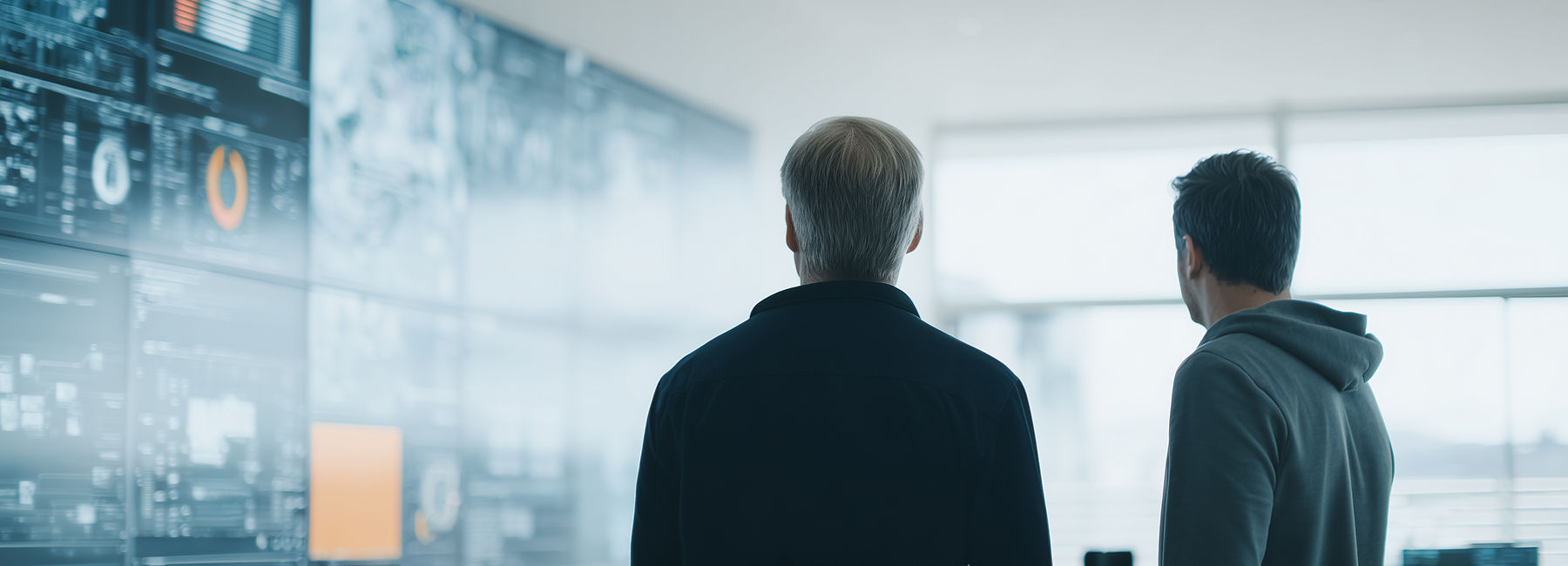 employees reviewing multiple screens on wall, data engineering | DXC Technology