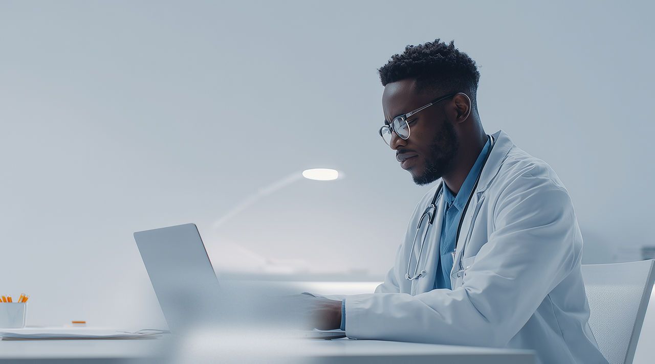 Doctor in white lab coat, reviewing patient data on laptop, DHSC | DXC Technology Customer Stories