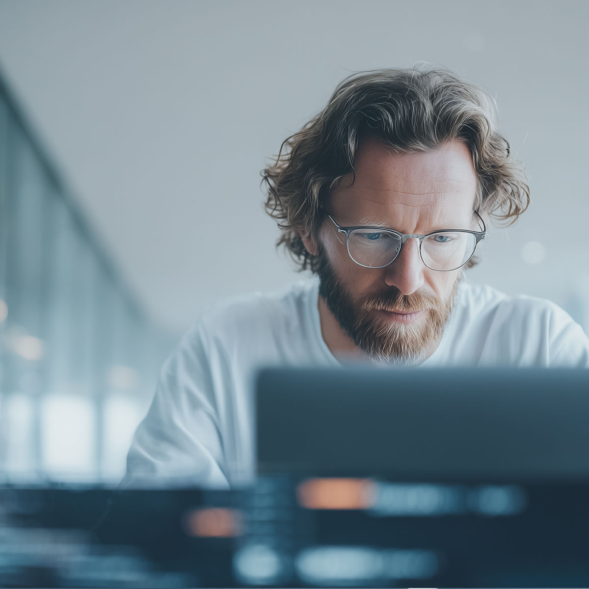 Computer, screen hologram and person coding, Application management, Financial Services | DXC Technology