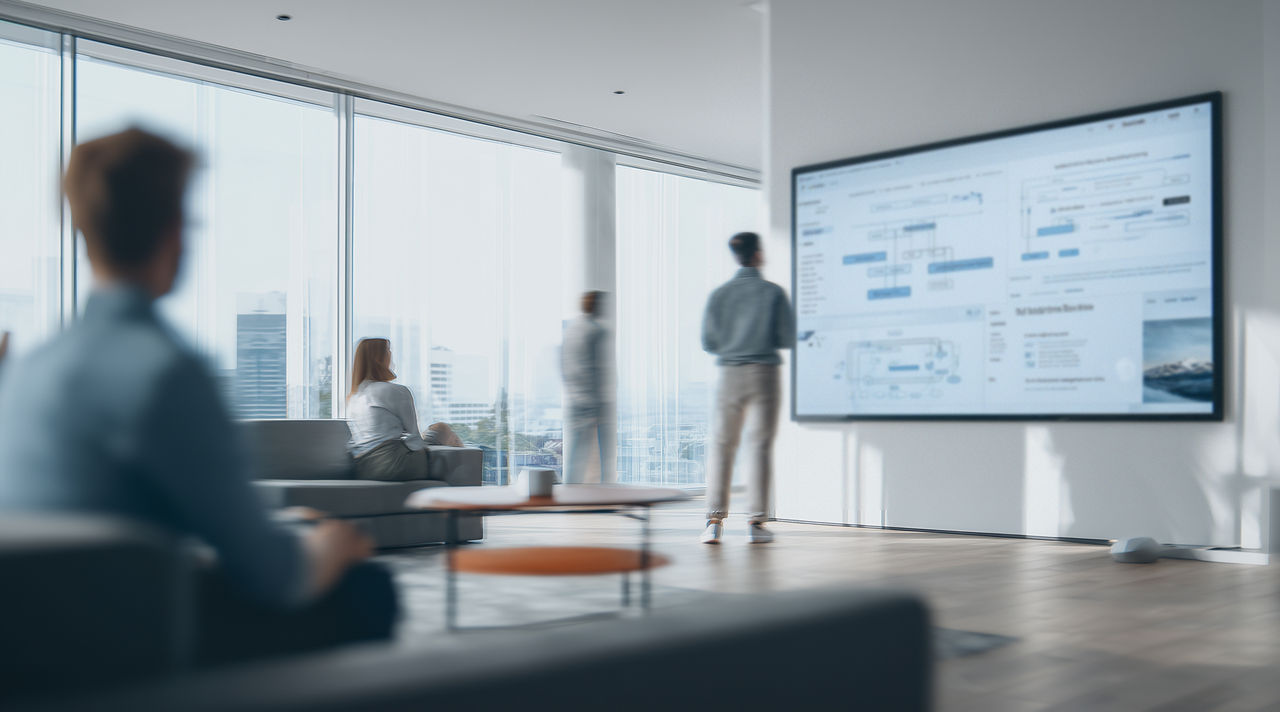 Professional using interactive digital whiteboard, representing software and technology government as a platform | DXC Technology 