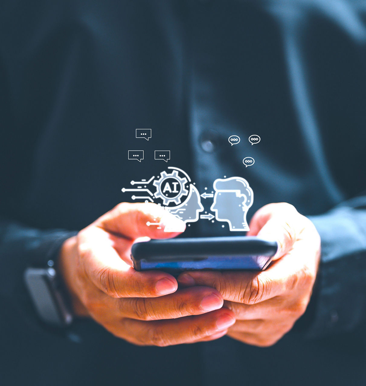 Person holding smart phone, with graphic overlay representing AI support, UPtime | DXC Technology