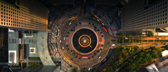 downward view of city roundabout