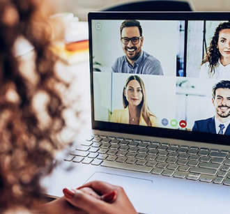 Five people in virtual meeting