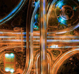 Interstate at night aerial view