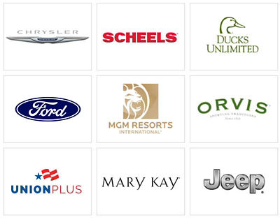 Logos of several of partners, Chrysler, Scheels, Ducks Unlimited, Ford, MGM Resorts, Orvis, UnionPlus, Mary Kay and Jeep
