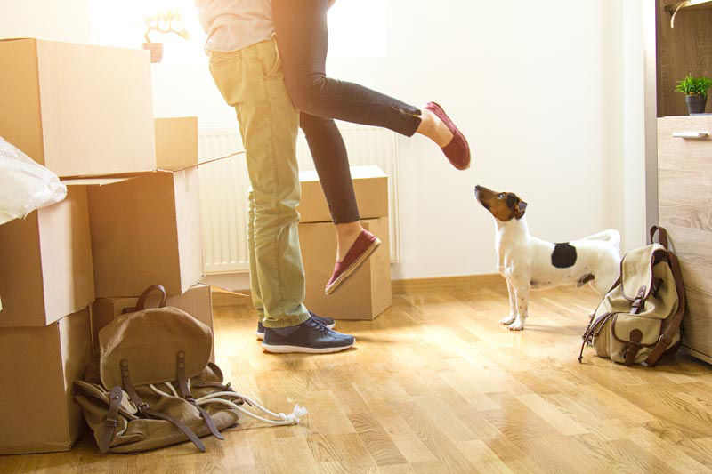 people, puppy, moving boxes - FHA loan