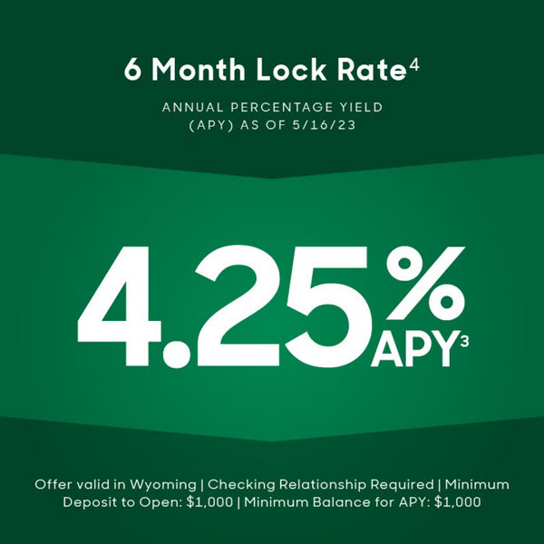 6 month lock rate footnote 4. Annual Percentage Yield APY as of 5/3/23. 4.25% APY footnote 3. Offer valid in Wyoming. Checking Relationship Required. Minimum Deposit to Open $1,000. Minimum Balance for APY $1,000.
