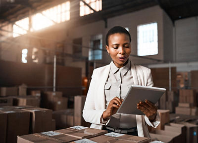 Woman on her tablet in a warehouse