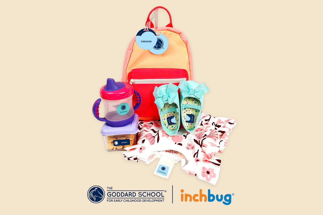 Preschool items with Inchbug Goddard-branded labels on them