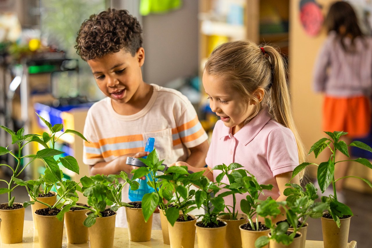 Two children looking at plants in a preschool classroom
