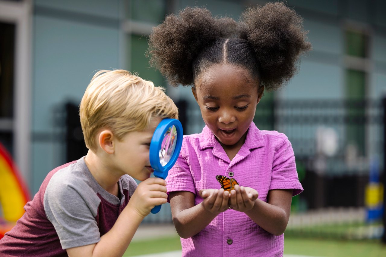 A young girl holding a butterfly in her hands while a young boy looks at the butterfly through a magnifying glass.