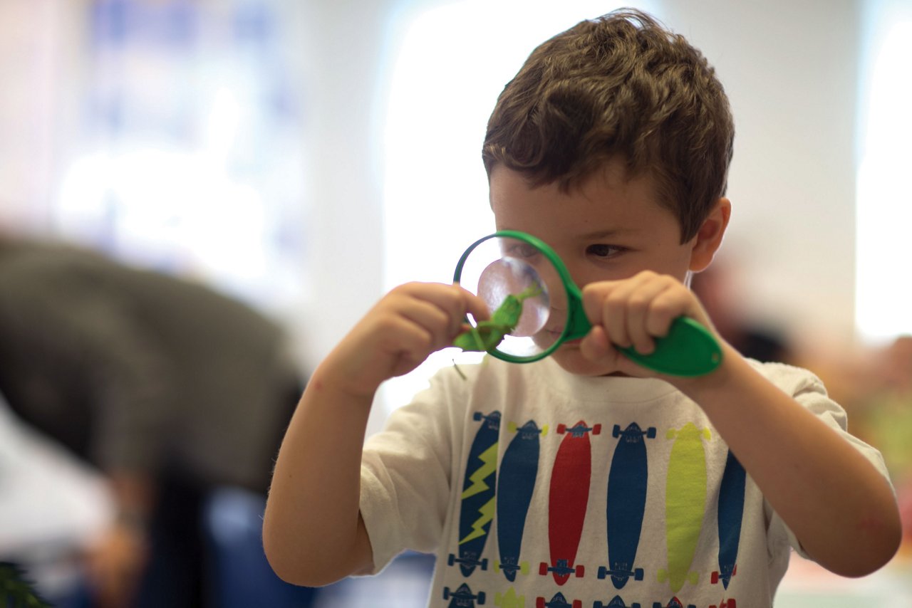 A boy looking at a leaf through a magnifying glass