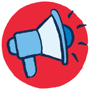 Simple drawing of a blue and white megaphone on a red, circular background