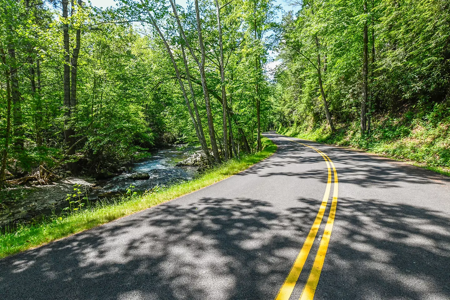 Two lane winding road through the Tremont area of the GSMNP. Hike all day through the abandoned town and discover new things.